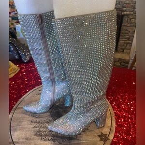 Betsey Johnson Farah rhinestone bling chunky heel knee high boots size 8